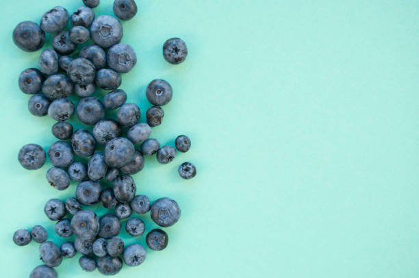 istock Flat lay of blueberry on pastel colored background. 1026755074