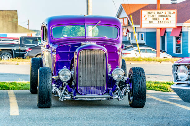 1938 Chevrolet pickup hot rod A beautiful purple 1938 Chevy pickup hot rod on display at A&W weekly Thursday cruise-in, Woodside Ferry Terminal, Dartmouth Nova Scotia Canada - August 16, 2018. The car has been built along the lines of a traditional hot rod of the 1940s to 1960s and is powered by a Buick "nail head" V8. cruising hot rods stock pictures, royalty-free photos & images