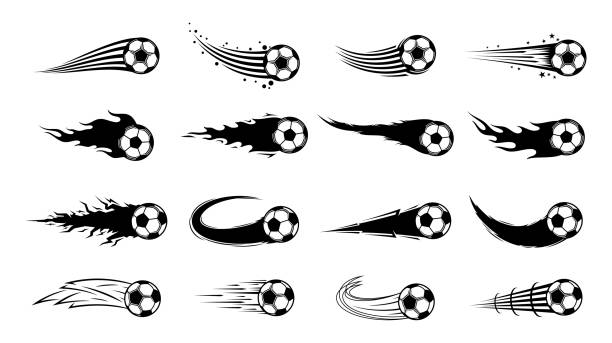 Vector flying football (soccer) balls Vector black and white flying football (soccer) balls with motion trails. ball of fire stock illustrations