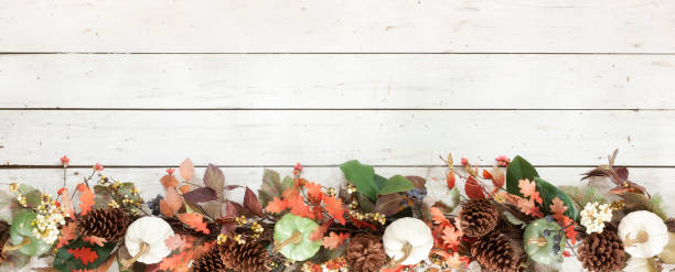 thanksgiving automne récolter guirlande citrouille sur un vieux fond bois blanc - autumn thanksgiving leaf garland photos et images de collection