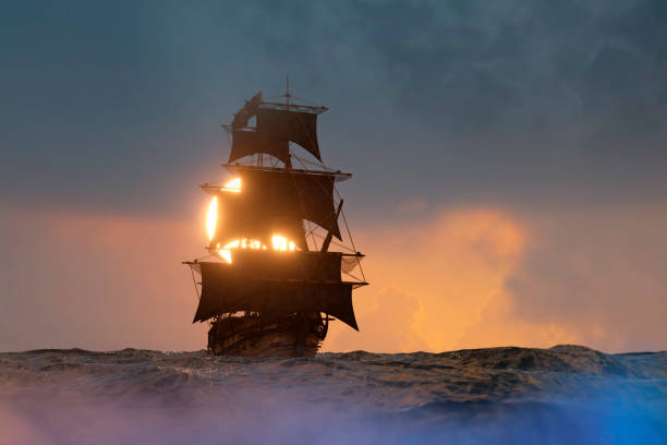 istock pirate ship sailing on the sea, 3D render 1026777082