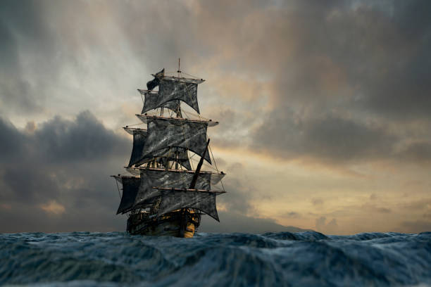 istock pirate ship sailing on the sea, 3D render 1026777108