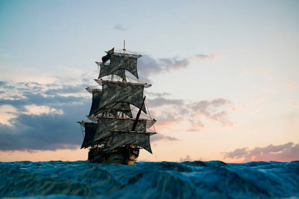 istock pirate ship sailing on the sea, 3D render 1026777126