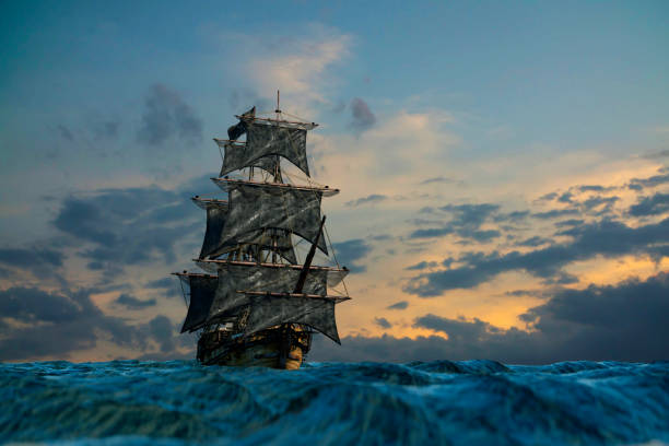 istock pirate ship sailing on the sea, 3D render 1026777180
