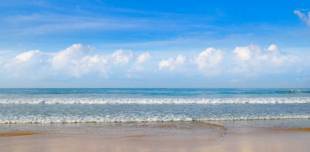 Deserted sandy beach of the Indian Ocean. Deserted sandy beach of the Indian Ocean. In the blue sky, picturesque cumulus clouds. Wide photo. spume stock pictures, royalty-free photos & images