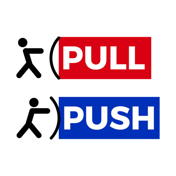 ilustraciones, imágenes clip art, dibujos animados e iconos de stock de sacar muestra de puerta empuje - tirar de