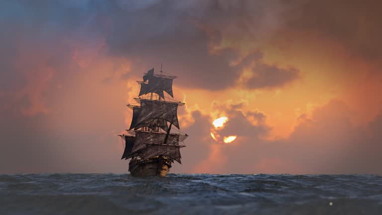 pirate ship sailing on the sea, 3D render