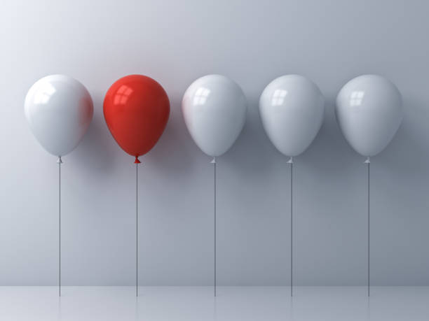 istock Stand out from the crowd and different idea concepts One red balloon among other white balloons on white wall background with reflections and shadows 3D rendering 1026781142