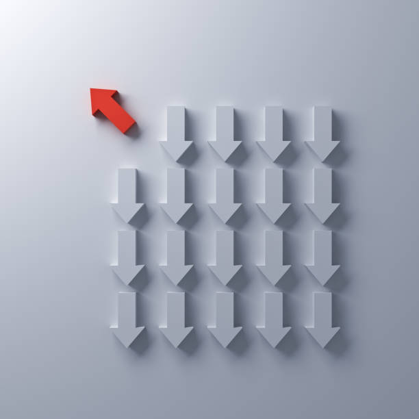 istock Think different One red arrow going to the bright light away from other down arrow directions on white wall background individuality and different creative idea concepts 3D rendering 1026781196