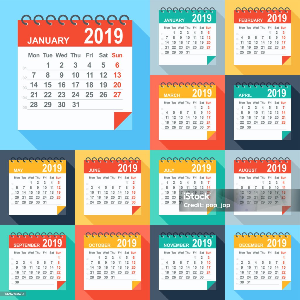 Calendar 2019 - Flat Modern Colorful. Days start from Monday Calendar stock vector