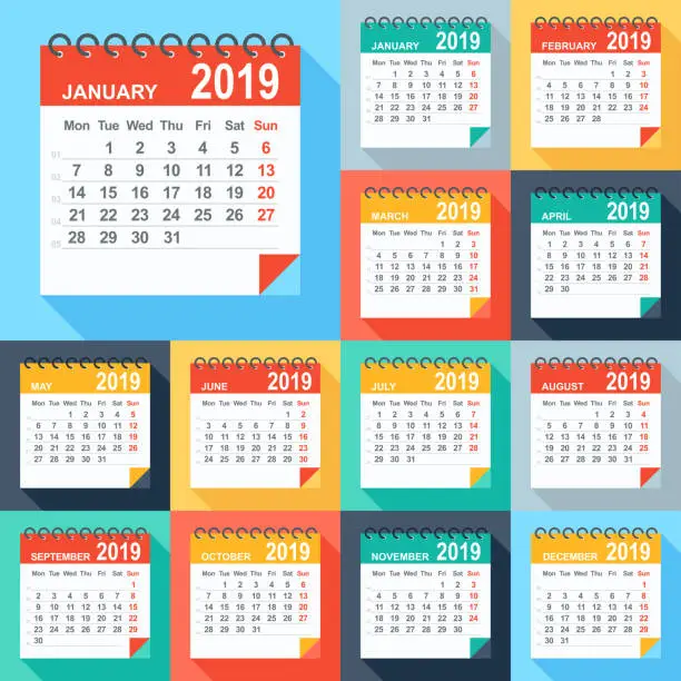 Vector illustration of Calendar 2019 - Flat Modern Colorful. Days start from Monday