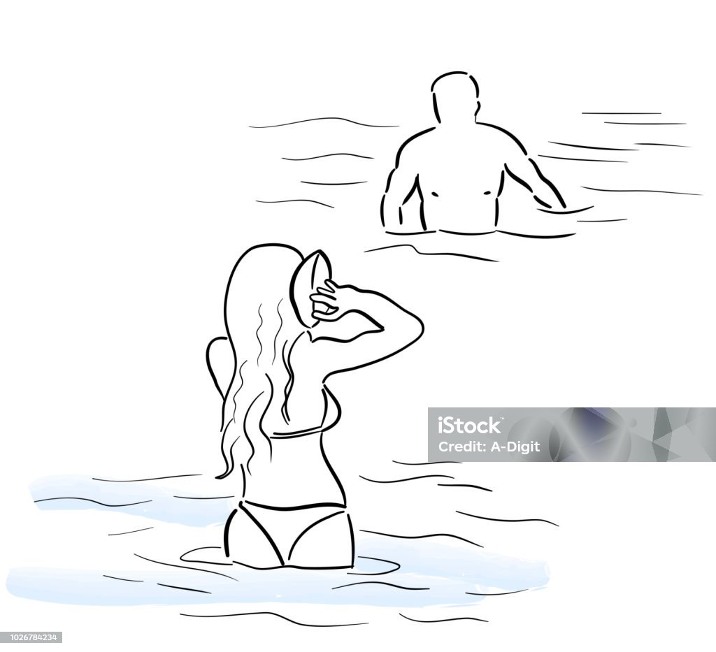 Water Game Boyfriend and girlfriend playing in the water tossing a small football Beach stock vector