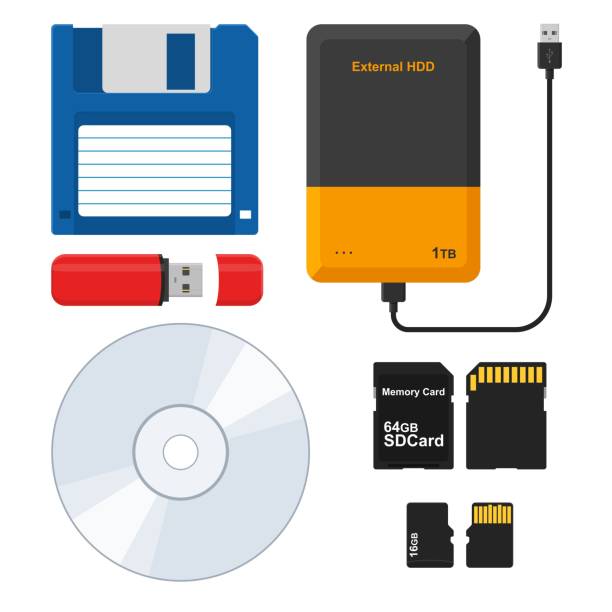 ilustrações de stock, clip art, desenhos animados e ícones de set of external storage media: floppy disk, external hard disk drive, flash drive usb memory stick, cd or dvd disk, sd and micro sd memory card. vector illustration - group b