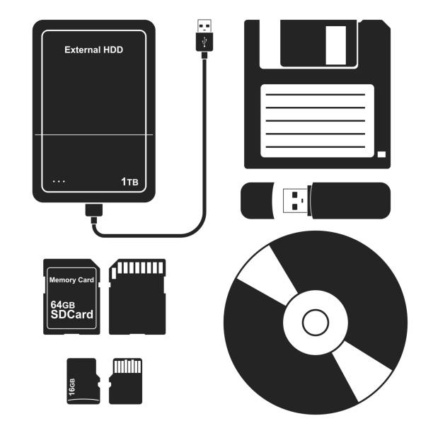 ilustrações de stock, clip art, desenhos animados e ícones de set of external data storage media: floppy disk, external hard disk drive, flash drive usb memory stick, cd or dvd disk, sd and micro sd memory card. vector illustration - hard drive the media vector storage compartment