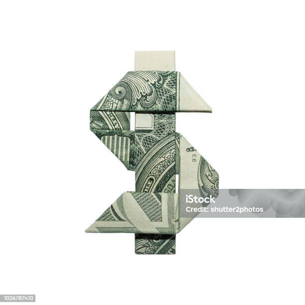 Photo libre de droit de Signe De Dollar Argent Origami Plié Avec Real One Dollar Bill Isolated On White Background banque d'images et plus d'images libres de droit de Monnaie