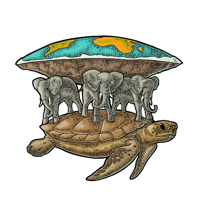 Elephants and turtle holding flat earth. Engraving vintage color vector illustration. Isolated on white background. Hand drawn design element for label and poster