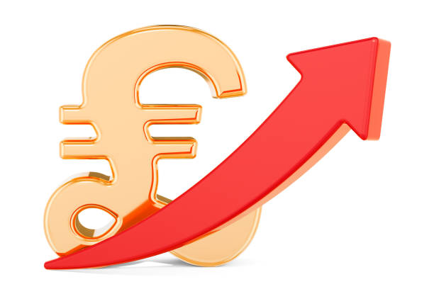istock Pound sterling symbol with red arrow up, 3D rendering isolated on white background 1026799592
