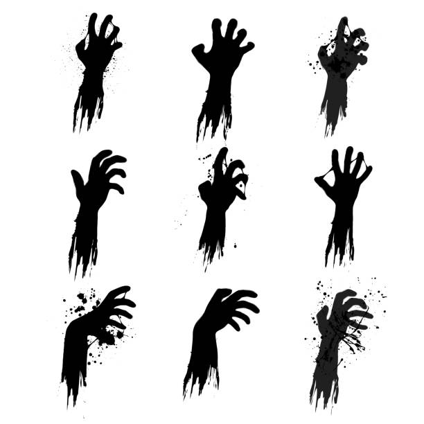 ilustraciones, imágenes clip art, dibujos animados e iconos de stock de siluetas de las manos de grunge de zombie - zombie halloween cemetery human hand