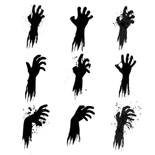 Zombie grunge hands silhouettes Set of nine black grunge zombie hands isolated on white background monster back lit halloween cemetery stock illustrations