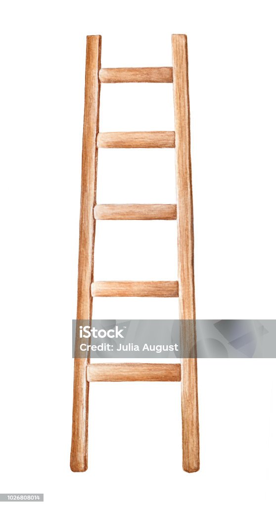 Wooden ladder watercolour. Symbol of process, growth, strength, start up. One single object, front view, standing, high altitude. Hand drawn water color painting on white, cutout clip art element. Ladder stock illustration