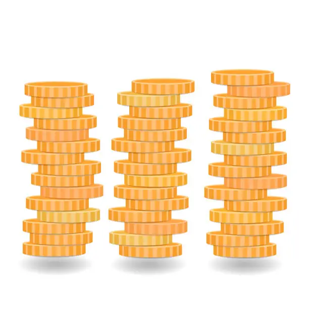 Vector illustration of Coins stacks, golden coins, metal money rouleau, vector money illustration