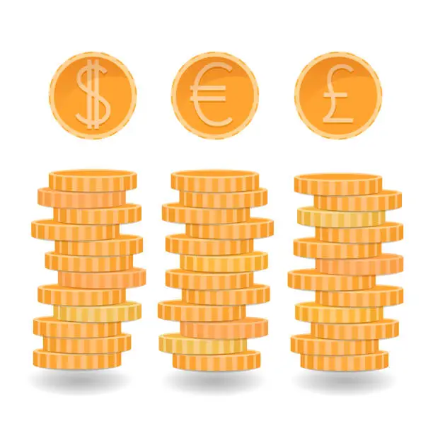 Vector illustration of Coins stacks, dollar, euro, pound coins, different currencies, golden coins, metal money rouleau, vector money illustration