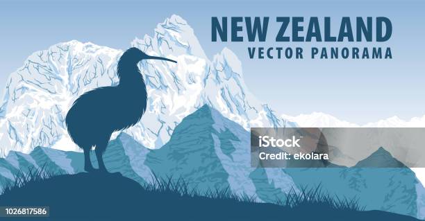 Vector Panorama Of New Zealand With Kiwi Bird And Aoraki Mountain Stock Illustration - Download Image Now