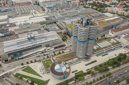 Germany, Munich, August 2018 - Aerial view of BMW factory and museum