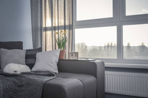 istock Cozy family room with brown couch 1026831224
