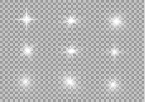 White glowing light explodes on a transparent background. Sparkling magical dust particles. Bright Star. Transparent shining sun, bright flash. Vector sparkles. To center a bright flash.