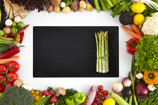 Asparagus, Vegetables Frame, Stone, Cutting Board, Copy Space.