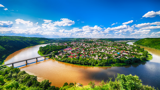Panoramic view from above to famous ukraininan city Zaleshchiki in the Dnister river canyon. Ukraine, Ternopil region