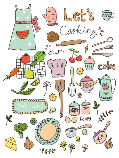 gotowanie doodle zestaw wektor ilustracji - spoon vegetable fork plate stock illustrations