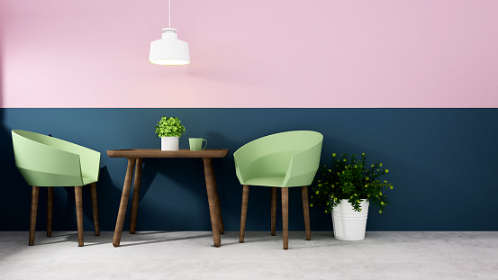 Green armchair with Dark blue wall and pink wall in dining room - Dining area design of artwork restaurant or coffee shop - Interior simple design for home or hotel - 3D Illustration