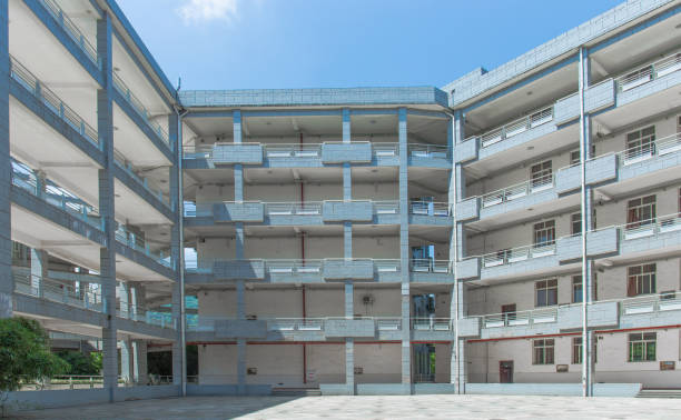 istock Modern school building on the university campus, surrounded by floors, with a square in the middle, sunny in summer 1026874968