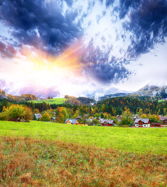 Idyllic autumn scene in Grundlsee lake. Alpine meadows at autumn. Location: resort Grundlsee, Liezen District of Styria, Austria, Alps. Europe.