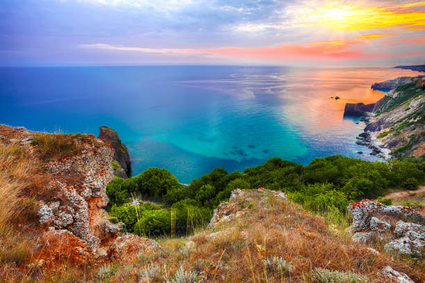 istock Dramatic sunset at cape Fiolent with bushes grass and rocks at foreground. 1026880672