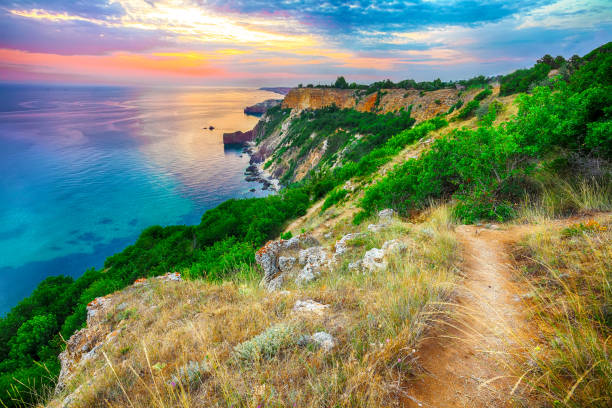 istock Dramatic sunset at cape Fiolent with bushes grass and rocks at foreground. 1026880718