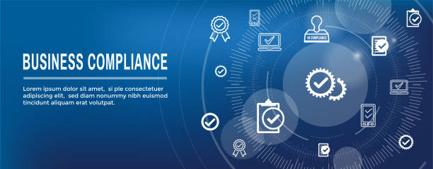 In compliance web banner - icon set that shows a company passed inspection In compliance web banner with icon set that shows a company passed inspection compliance stock illustrations
