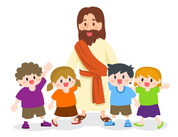 ilustraciones, imágenes clip art, dibujos animados e iconos de stock de jesús cristo con grupo de niños - christ child