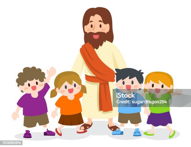 Jesus Christ With Group Of Children - Arte vetorial de stock e mais imagens de Jesus Cristo - Jesus Cristo, Criança, Banda desenhada - Produto Artístico