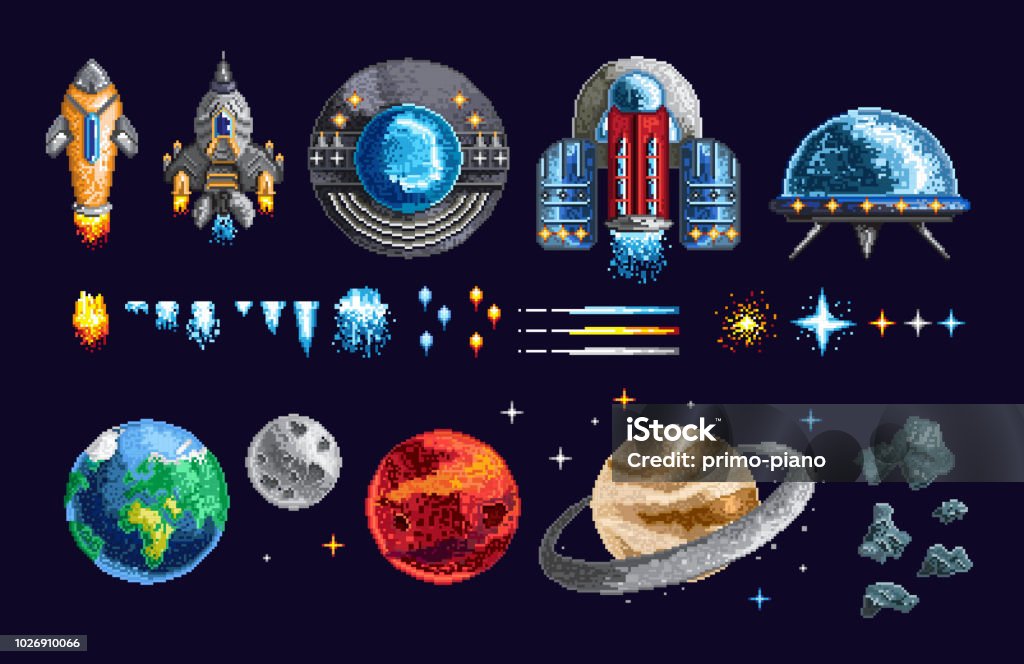 Pixel diseño de naves espaciales y planetas - arte vectorial de Pixelado libre de derechos