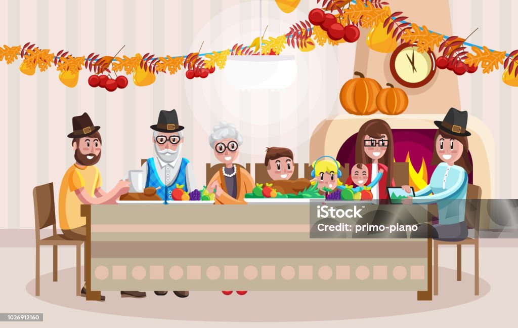 Cartoon family celebrating Thanksgiving day Happy family with all generations gathering at table and celebrating Thanksgiving day in cartoon style Thanksgiving - Holiday stock vector