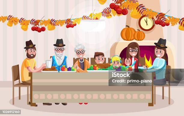 Cartoon Family Celebrating Thanksgiving Day Stock Illustration - Download Image Now - Thanksgiving - Holiday, Dinner, Family