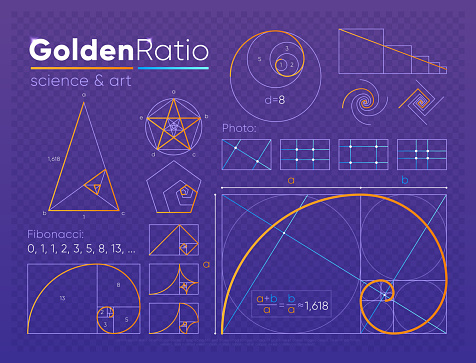 Vector set of various figures and shapes in law of golden ratio composed on purple transparent background