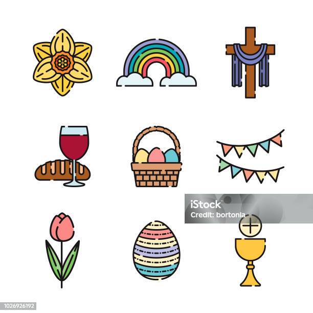 Easter Thin Line Icon Set Stock Illustration - Download Image Now - Easter, Cross Shape, Religious Cross