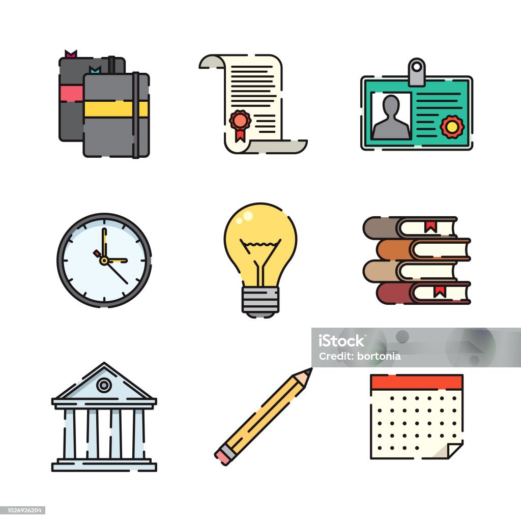 Education Thin Line Icon Set A set of 25 color thin line education icons. File is built in the CMYK color space for optimal printing, and can easily be converted to RGB. Color swatches are global for quick and easy color changes throughout the entire set of icons. Back to School stock vector