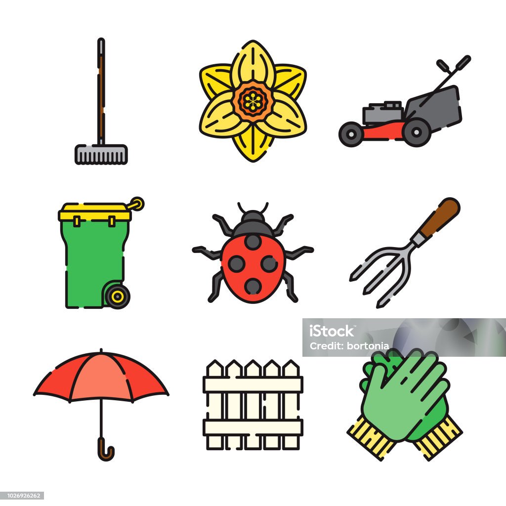 Gardening Thin Line Icon Set A set of 25 color thin line gardening icons. File is built in the CMYK color space for optimal printing, and can easily be converted to RGB. Color swatches are global for quick and easy color changes throughout the entire set of icons. Canada stock vector