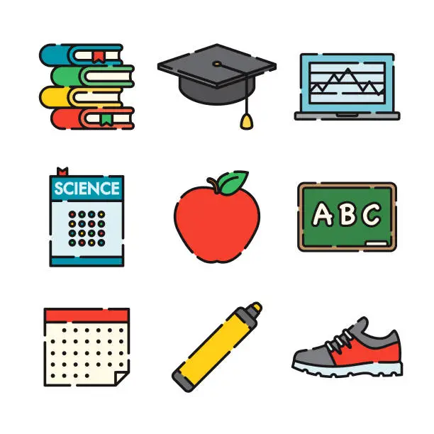 Vector illustration of School Supplies Thin Line Icon Set