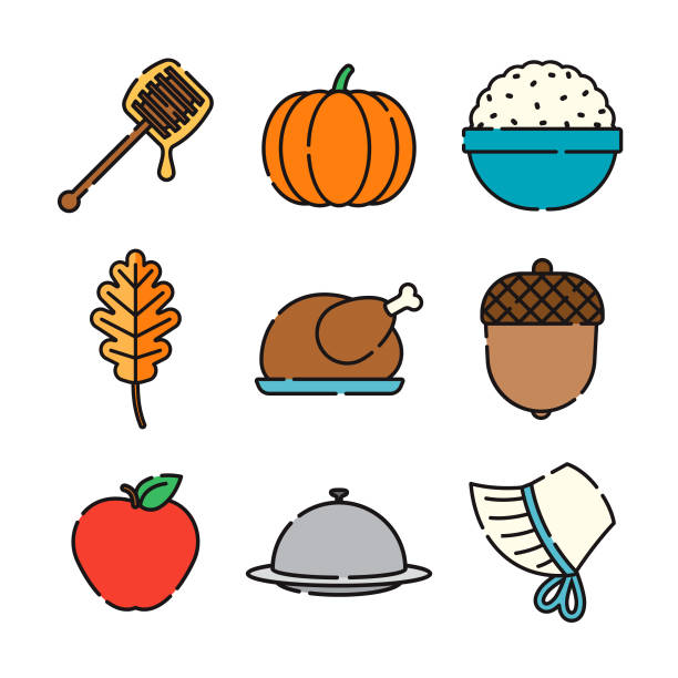 추수 감사절 얇은 라인 아이콘 세트 - white backgrounds thanksgiving pumpkin stock illustrations